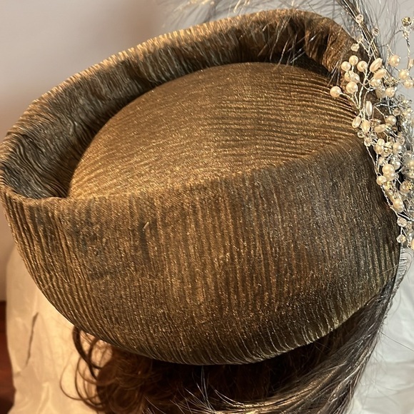 Mr. D Gray Beret Hat with Flower Rhinestones and Feather Trim - Picture 5 of 9